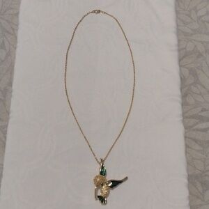 Gold Tone Hummingbird Pendant Necklace - Green Accent